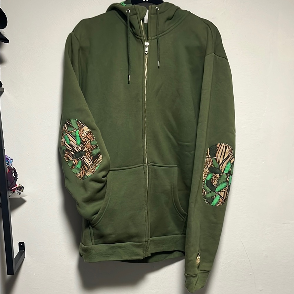 Green Hoodie with Camouflage Patches